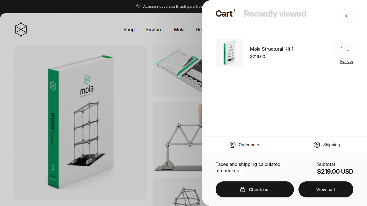 Mola Model Cart Drawer Screenshot